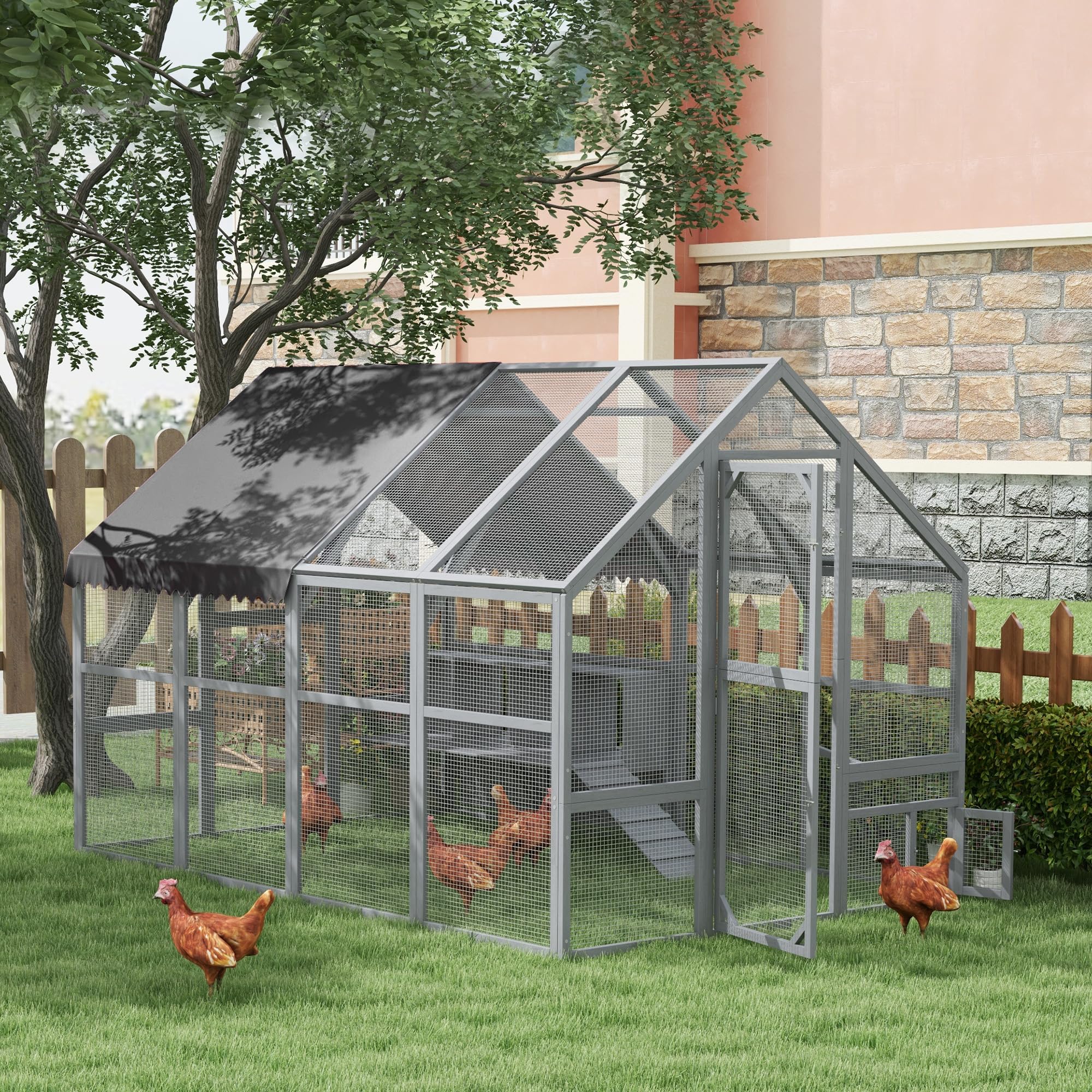 PawHut Large Chicken Run, Wooden Chicken Coop with Waterproof & Anti-UV Cover, Split Door, 4 Nesting Boxes, Roosting Bar, Walk-i
